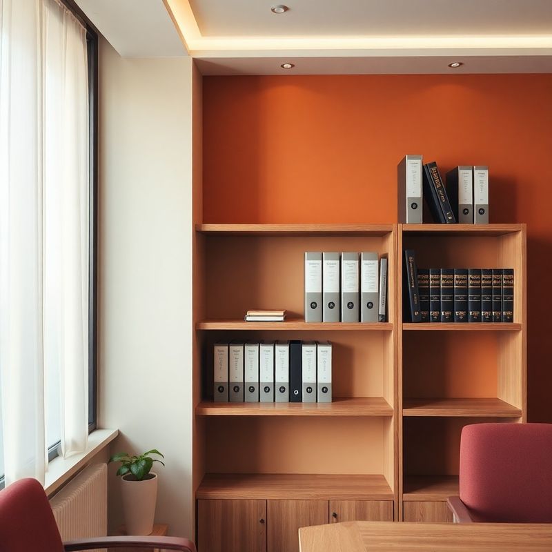 Interiorul biroului BusinessFramework, rafturi din lemn și pereți crem cu accente burgundy